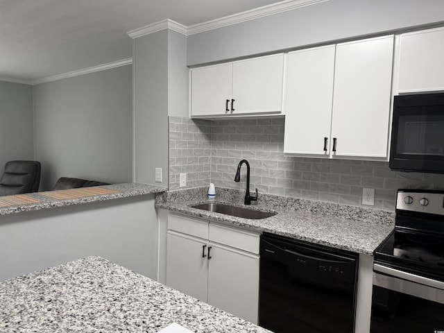 4350 Intercoastal Dr Unit 2302, Little River, SC 29566 - kitchen featuring black appliances, a sink, ornamental molding, backsplash, and light stone countertops