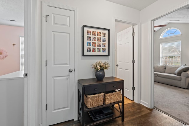 entryway featuring dark wood-style flooring and a textured ceiling