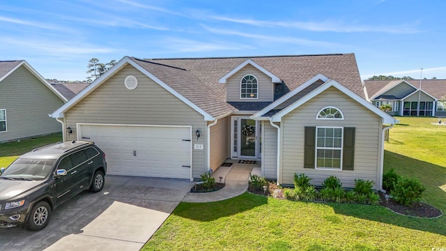 traditional-style home featuring concrete driveway, a shingled roof, a front lawn, and a garage