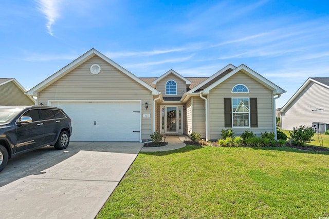 ranch-style house with a garage, a front lawn, central AC, and driveway