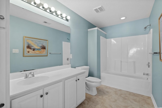 full bath featuring vanity, toilet, a textured ceiling, tub / shower combination, and visible vents