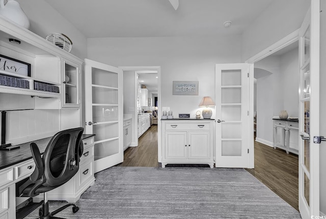 office area with dark wood-style flooring