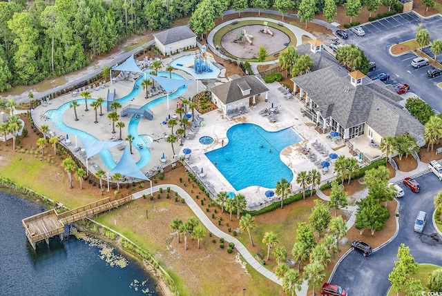 drone / aerial view featuring a water view
