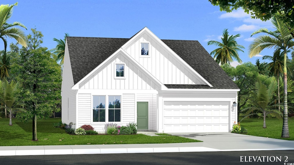 modern farmhouse with a shingled roof, board and batten siding, concrete driveway, and a front yard