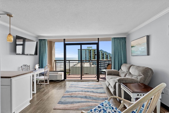 6900 N Ocean Blvd Unit 1105, Myrtle Beach, SC 29572 - living area with ornamental molding, a textured ceiling, expansive windows, and dark wood-type flooring