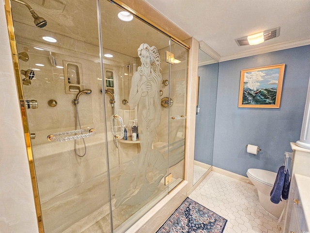 bathroom with ornamental molding, toilet, a shower stall, recessed lighting, and tile patterned floors