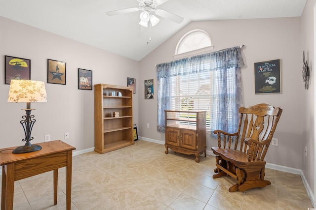 5107 Capulet Cir, Myrtle Beach, SC 29588 - living area with a ceiling fan, lofted ceiling, light tile patterned floors, and baseboards