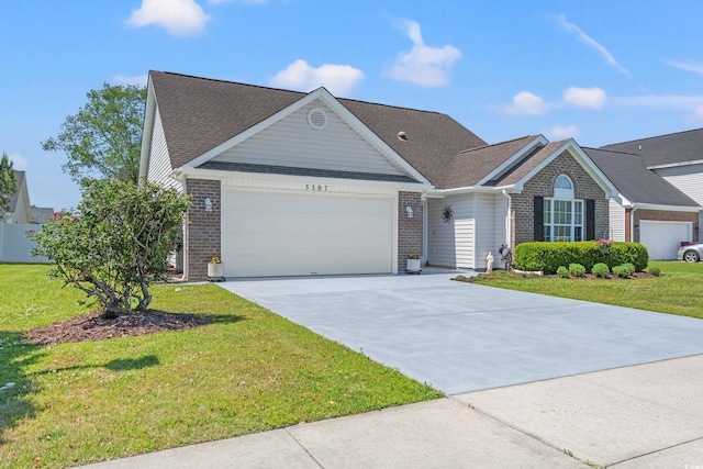 5107 Capulet Cir, Myrtle Beach, SC 29588 - ranch-style home with concrete driveway, a front yard, brick siding, and an attached garage