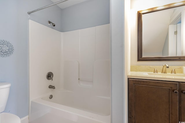 full bath featuring vanity, shower / bathtub combination, and toilet