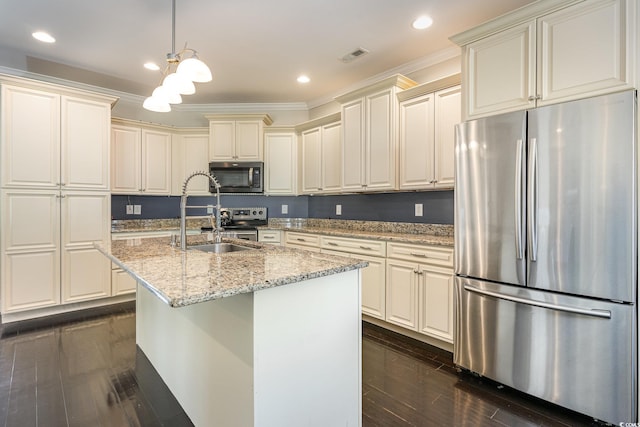 kitchen featuring crown molding, freestanding refrigerator, light stone countertops, dark wood-style floors, and a sink