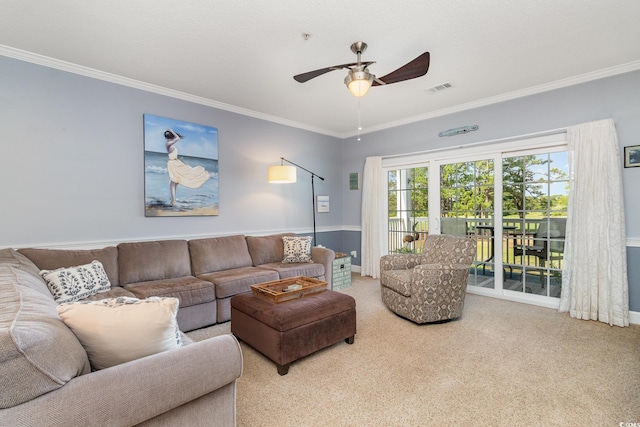 4847 Carnation Cir Unit 201, Myrtle Beach, SC 29577 - carpeted living room with crown molding, a ceiling fan, baseboards, and visible vents