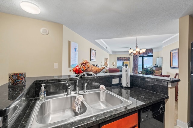 kitchen with a sink, a textured ceiling, a chandelier, black dishwasher, and open floor plan