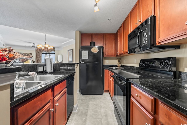 kitchen featuring a textured ceiling, a sink, black appliances, a chandelier, and light tile patterned flooring