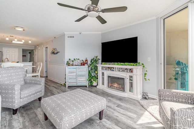 2507 S Ocean Blvd Unit 403, North Myrtle Beach, SC 29582 - living room with ceiling fan, ornamental molding, visible vents, and wood finished floors