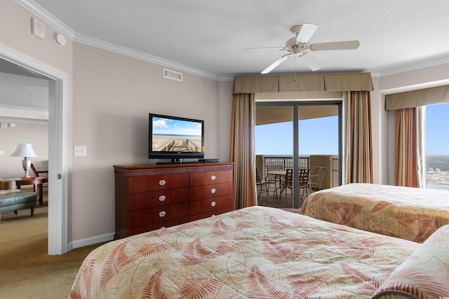9994 Beach Club Dr Unit 2403, Myrtle Beach, SC 29572 - carpeted bedroom with access to exterior, crown molding, baseboards, a textured ceiling, and ceiling fan
