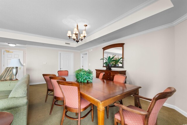 9994 Beach Club Dr Unit 2403, Myrtle Beach, SC 29572 - carpeted dining space featuring crown molding, a chandelier, baseboards, and a tray ceiling