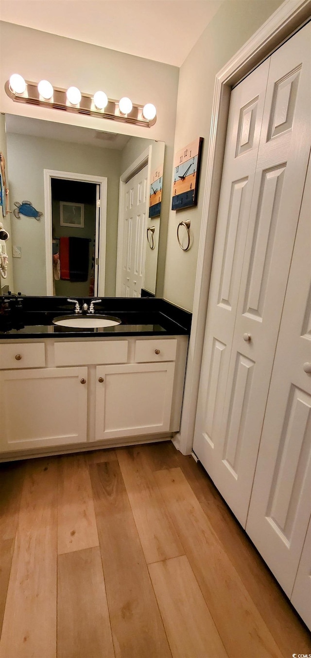 bathroom with vanity, a closet, and wood finished floors