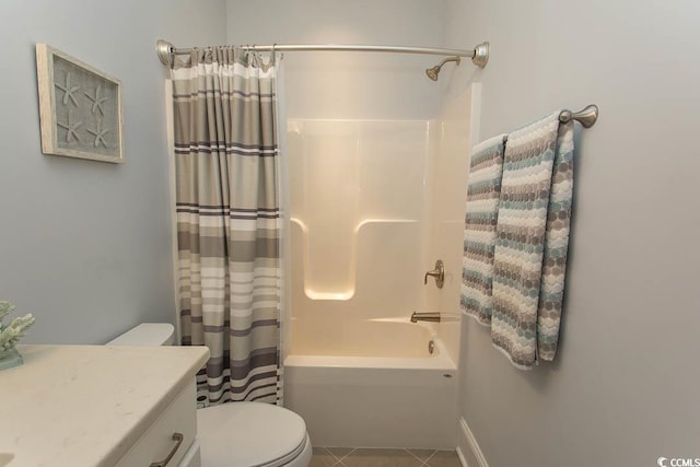 full bathroom with tile patterned floors, vanity, toilet, and shower / bath combination with curtain