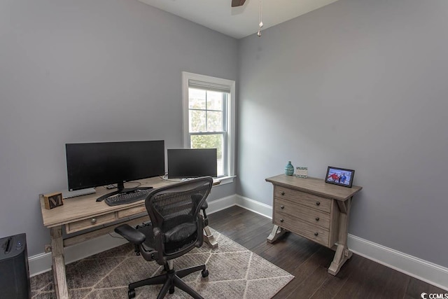 office area featuring baseboards, ceiling fan, and wood finished floors