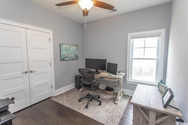 home office with a ceiling fan, visible vents, a healthy amount of sunlight, and wood finished floors