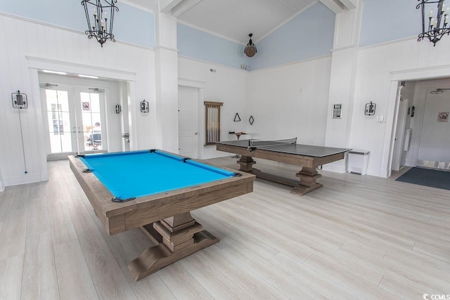 playroom featuring high vaulted ceiling, billiards, wood finished floors, and beam ceiling