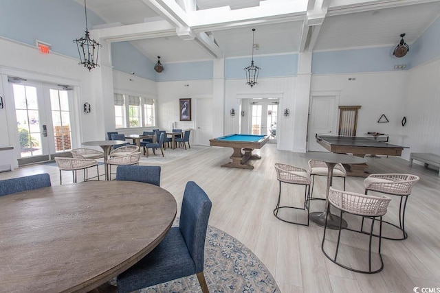 game room featuring beamed ceiling, billiards, french doors, and high vaulted ceiling