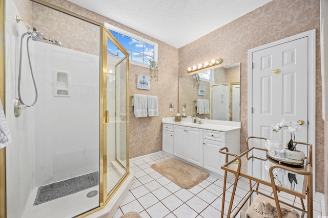 9628 Indigo Creek Blvd, Murrells Inlet, SC 29576 - full bath with tile patterned flooring, vanity, a textured ceiling, wallpapered walls, and a shower stall