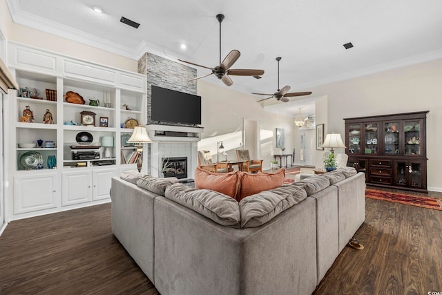 9628 Indigo Creek Blvd, Murrells Inlet, SC 29576 - living area featuring crown molding, ceiling fan, dark wood-style floors, and a large fireplace