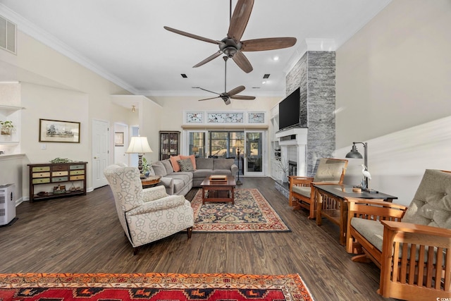 9628 Indigo Creek Blvd, Murrells Inlet, SC 29576 - living area featuring ceiling fan, a stone fireplace, wood finished floors, ornamental molding, and recessed lighting