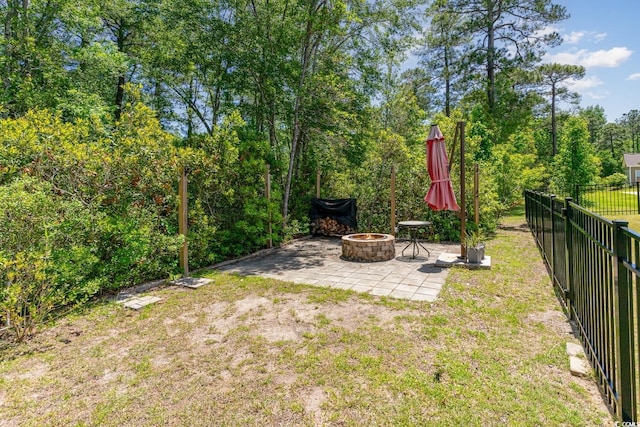view of yard featuring an outdoor fire pit and a patio area