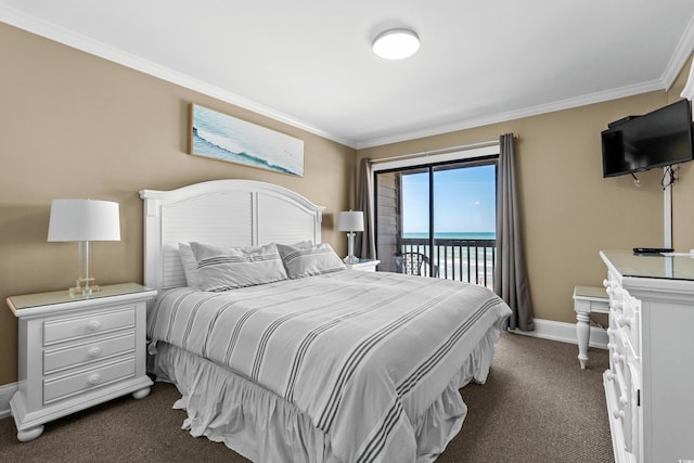 bedroom featuring access to outside, baseboards, ornamental molding, and dark colored carpet