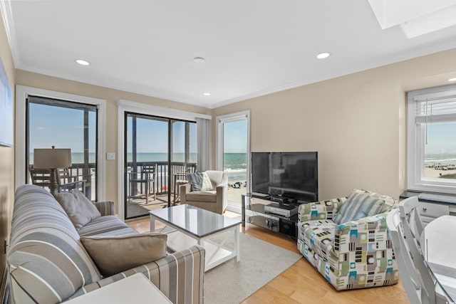 living room with crown molding, a healthy amount of sunlight, and light wood-style floors
