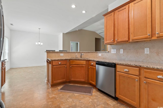 853 Derbyshire Ct, Conway, SC 29526 - kitchen featuring dishwasher, a sink, a chandelier, tasteful backsplash, and lofted ceiling