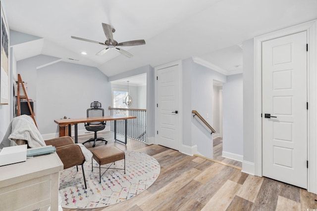 home office featuring ceiling fan, recessed lighting, baseboards, lofted ceiling, and light wood-type flooring