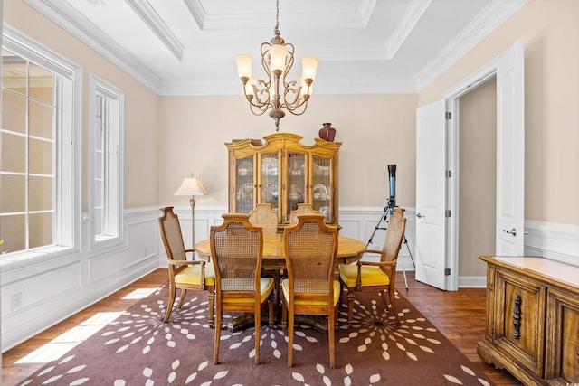 dining room with an inviting chandelier, wainscoting, a tray ceiling, and dark wood-style floors