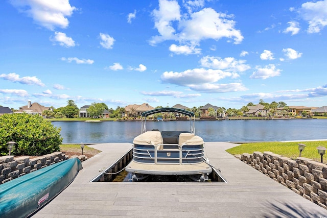 view of dock featuring a water view and a residential view