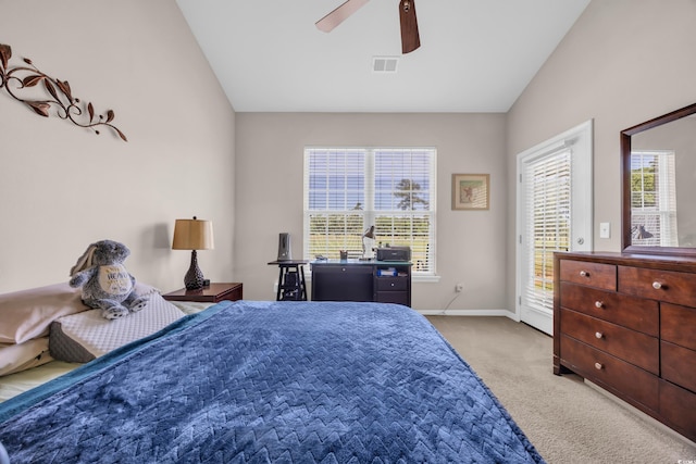 260 Connemara Dr Unit E, Myrtle Beach, SC 29579 - carpeted bedroom with ceiling fan, visible vents, vaulted ceiling, baseboards, and access to outside