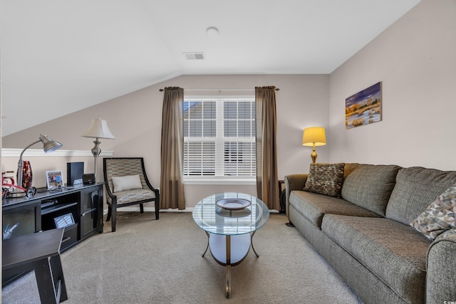 260 Connemara Dr Unit E, Myrtle Beach, SC 29579 - living room with carpet flooring, visible vents, and lofted ceiling