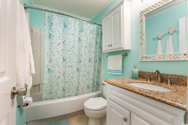 609 Hillside Dr S Unit C-10, North Myrtle Beach, SC 29582 - full bath featuring vanity, shower / bath combination with curtain, a textured ceiling, and tile patterned flooring