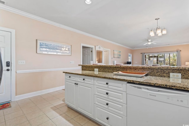 kitchen featuring dishwasher, a chandelier, crown molding, white cabinetry, and light tile patterned flooring
