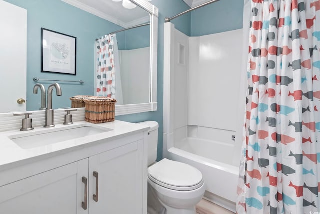 bathroom with crown molding, vanity, toilet, and shower / bathtub combination with curtain