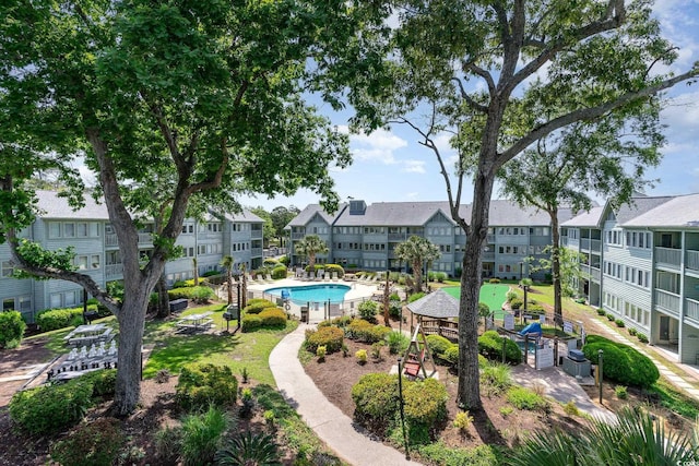 view of pool with a residential view