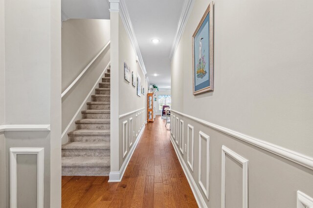 232 Je Edward Dr Unit 21, Myrtle Beach, SC 29588 - corridor with stairs, recessed lighting, crown molding, and hardwood / wood-style flooring