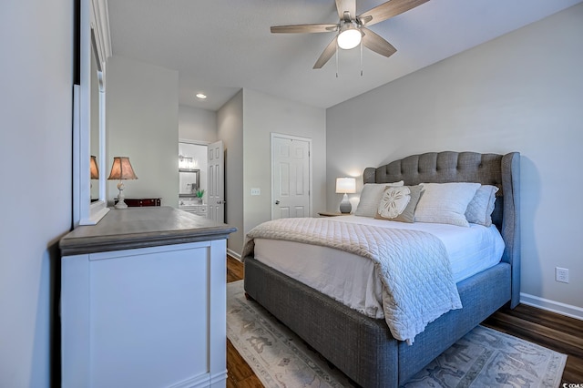 bedroom with a ceiling fan, baseboards, recessed lighting, and wood finished floors