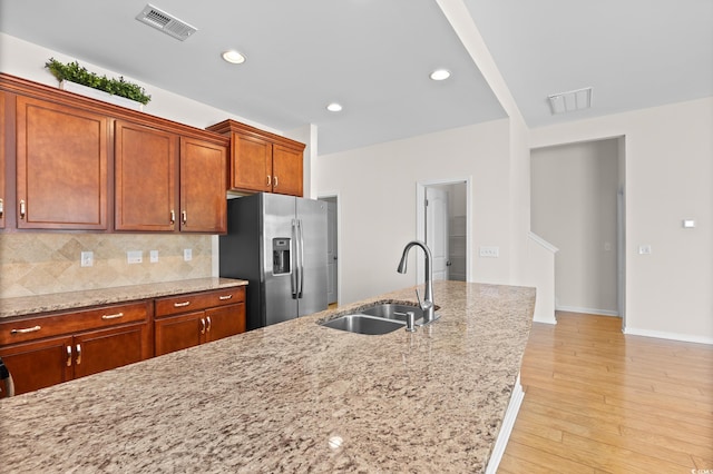 962 Witherbee Way, Little River, SC 29566 - kitchen featuring backsplash, visible vents, a sink, stainless steel fridge with ice dispenser, and light wood-style flooring