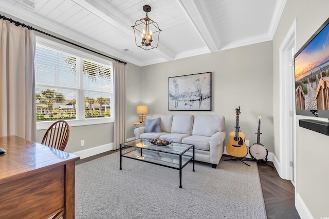 1136 Doubloon Dr, North Myrtle Beach, SC 29582 - living area with an inviting chandelier, ornamental molding, visible vents, beamed ceiling, and baseboards