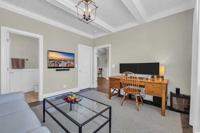1136 Doubloon Dr, North Myrtle Beach, SC 29582 - home office with an inviting chandelier, crown molding, and beamed ceiling