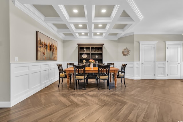 1136 Doubloon Dr, North Myrtle Beach, SC 29582 - dining area with a decorative wall, wainscoting, ornamental molding, coffered ceiling, and recessed lighting