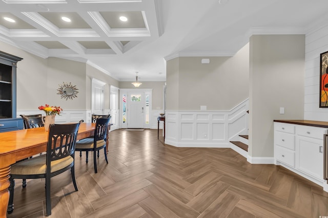 1136 Doubloon Dr, North Myrtle Beach, SC 29582 - dining area with stairs, a wainscoted wall, ornamental molding, a decorative wall, and recessed lighting