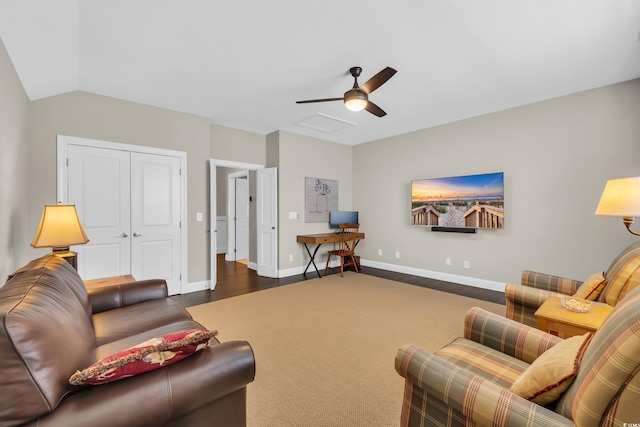 1136 Doubloon Dr, North Myrtle Beach, SC 29582 - living area with baseboards, ceiling fan, wood finished floors, and lofted ceiling